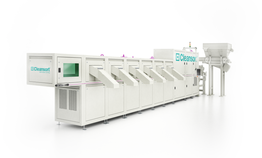 Visualisierung einer Cleansort VarioLIBS MS1-Sortiermaschine. Das Bild zeigt eine Maschine beginnend mit einem Aufgabebunker im Hintergrund des Bildes und mehreren Ausgaberutschen der Sortierfraktionen im Vordergrund.