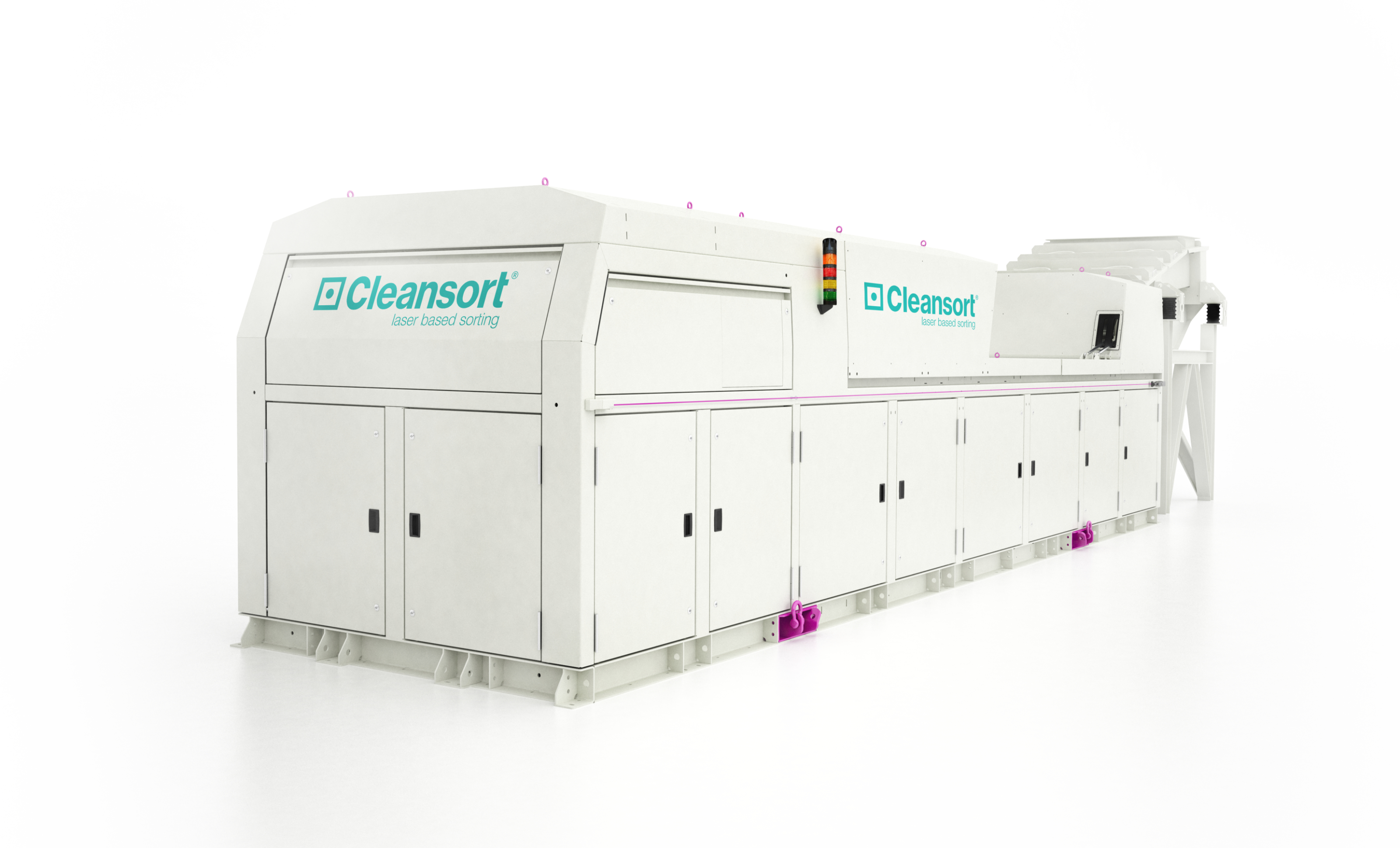 Bild, das die Cleansort-SpaceLIBS Sortiermaschine zeigt. Der Blick geht von der Ausgabeseite hin zur entfernten Aufnahmeseite und den Aufnahmebunker, der den Anfang der Maschine darstellt.